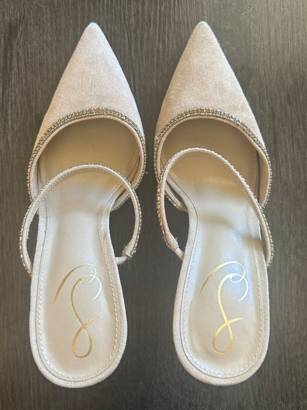 SAM EDELMAN Anita Beige Suede Embellished Pointed Toe Mules Heels - Size 7.5 - Picture 6 of 9